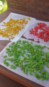 colored pasta drying