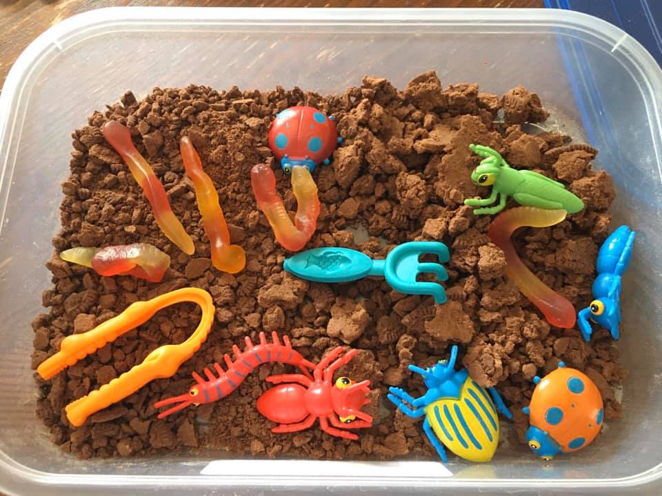 crushed up oreos for a bug sensory bin spring toddler activity 