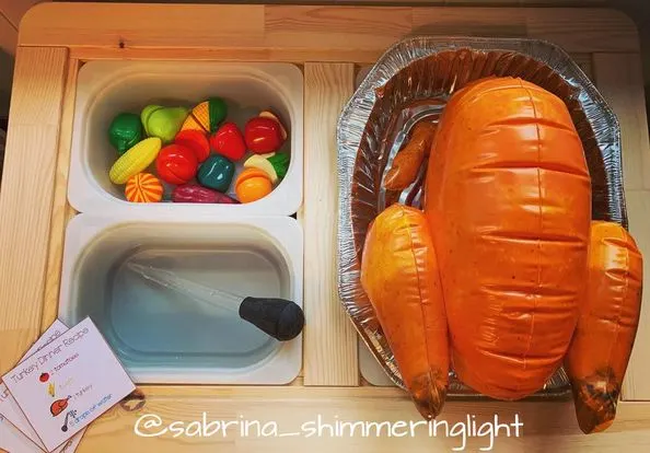 inflatable turkey sensory bin for thanksgiving