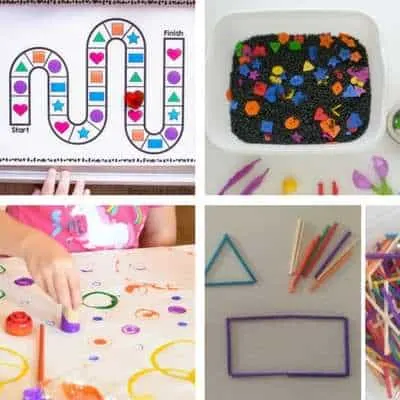 Shape activities for toddlers - shape board game, shape sensory sorting, shape painting, match stick shape activity for toddlers 
