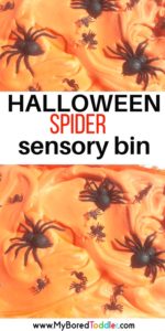 HALLOWEEN SHAVING CREAM AND SPIDER SENSORY BIN. Such a fun toddler Halloween sensory play idea. Shaving cream sensory play is always fun! #halloween #messyplay #sensorybin