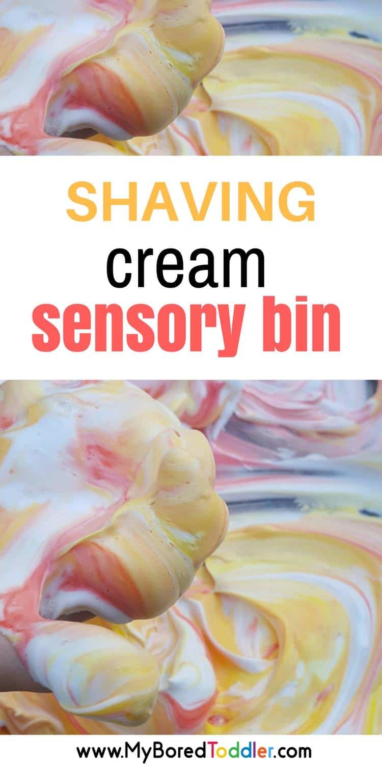 Shaving cream sensory bin for toddlers and preschoolers. A great sensory activity for 1 year olds, 2 year olds, 3 year olds. Fun messy play activity! 
