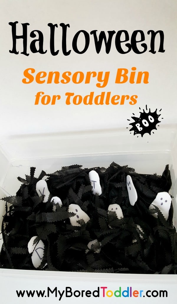 Halloween ghost sensory bin for toddlers. An easy to set up sensory bin for Halloween. #toddleractivity #halloweensensorybin #sensorybins #halloweentoddlers 