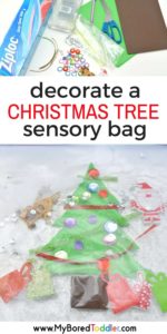 decorate a christmas tree toddler sensory bag. A fun toddler Christmas craft and toddler Christmas activity. Fun sensory play with this Christmas sensory bag that's perfect for babies toddlers one year olds, two year old and three year olds.