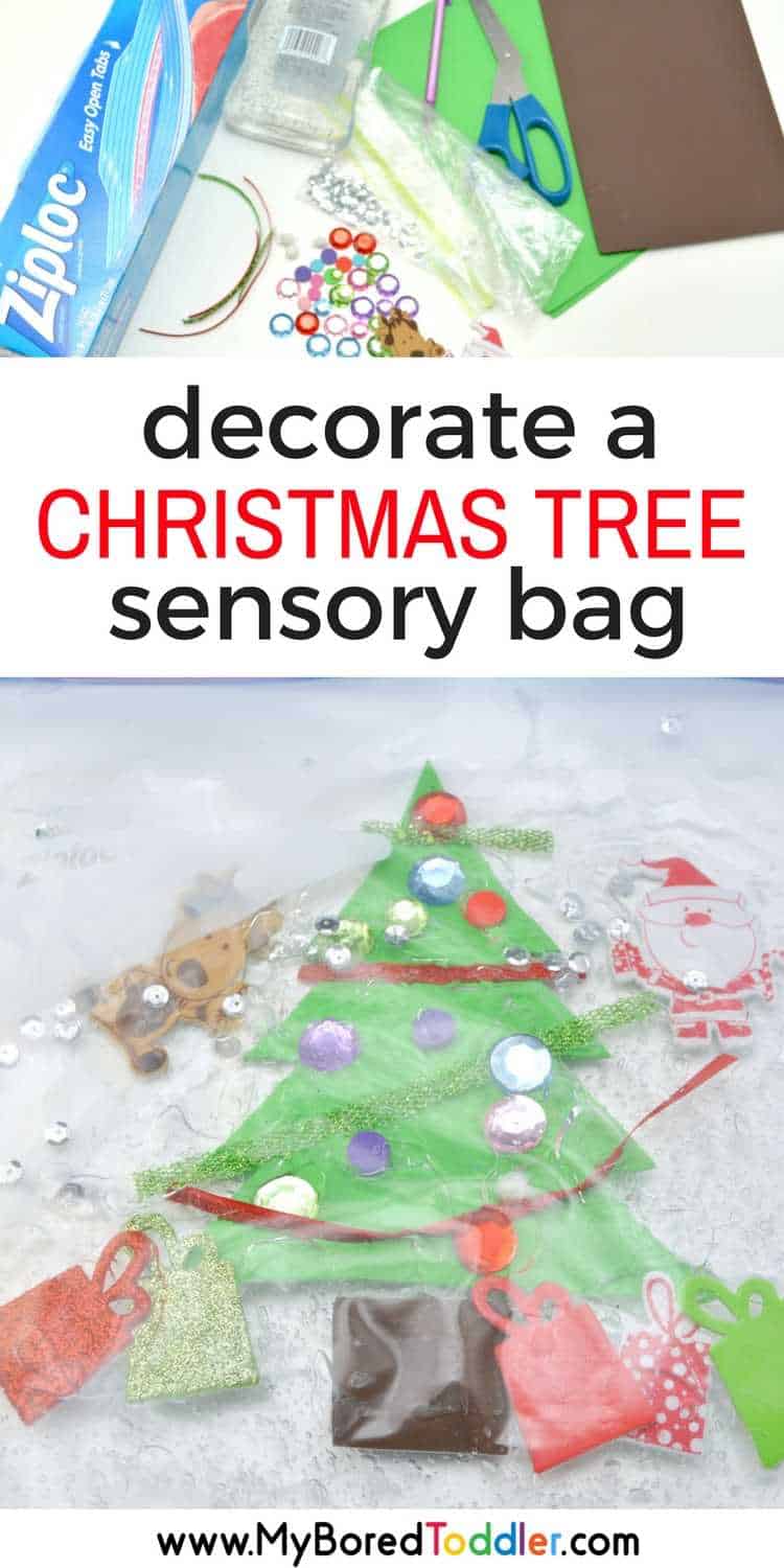 decorate a christmas tree toddler sensory bag. A fun toddler Christmas craft and toddler Christmas activity. Fun sensory play with this Christmas sensory bag that's perfect for babies toddlers one year olds, two year old and three year olds. 