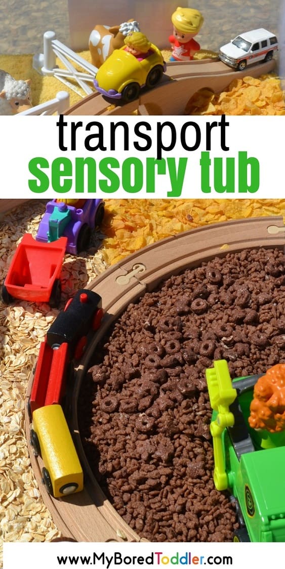 transport sensory tub. A fun truck sensory play ideas. A train and car sensory bin that toddlers and preschoolers will love. #sensorytub #sensorybin #toddleractivity #truckplay #carplay #transport 