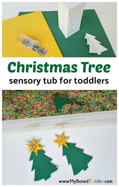 Christmas tree sensory tub for toddlers. An easy rice sensory bin. Christmas toddler sensory play idea. Christmas sensory tub. Christmas sensory bin #sensorybin #toddlerchristmas #sensorytub 