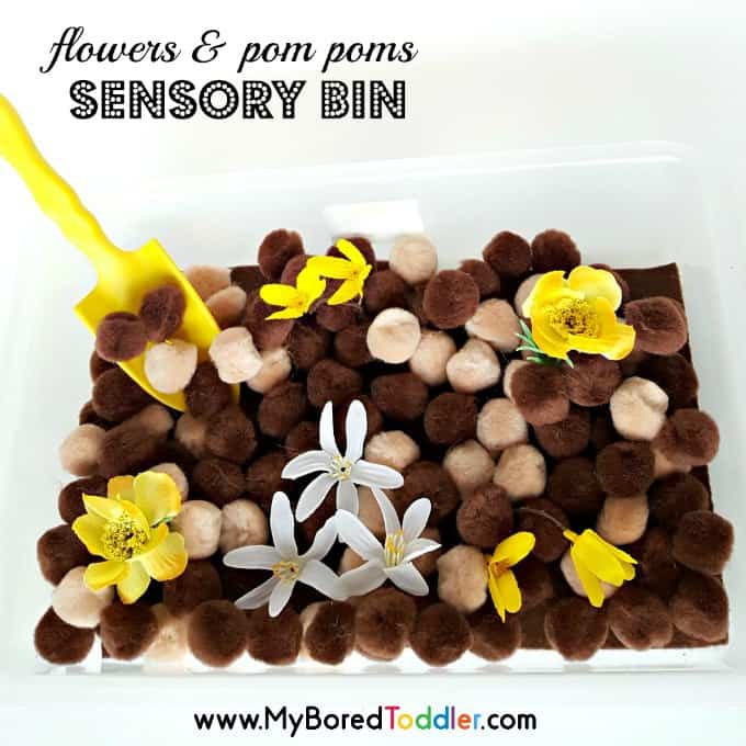 flowers and pom poms sensory bin for toddlers feature