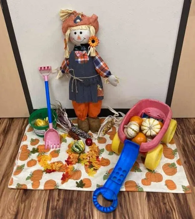 Fall themed dramatic play setup for toddlers 1 2 3 year olds 