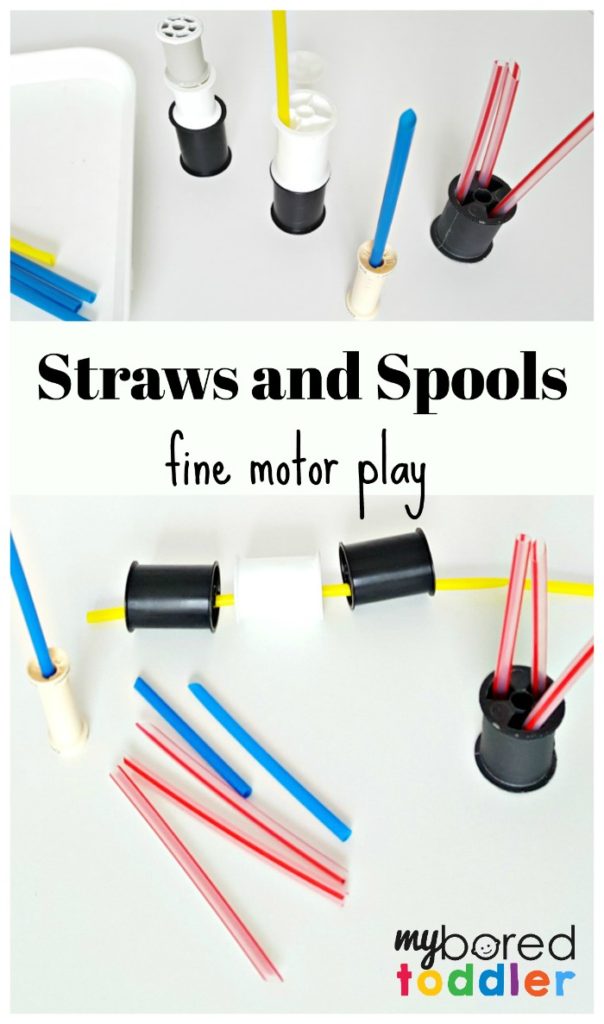 Straws and spools fine motor toddler play
