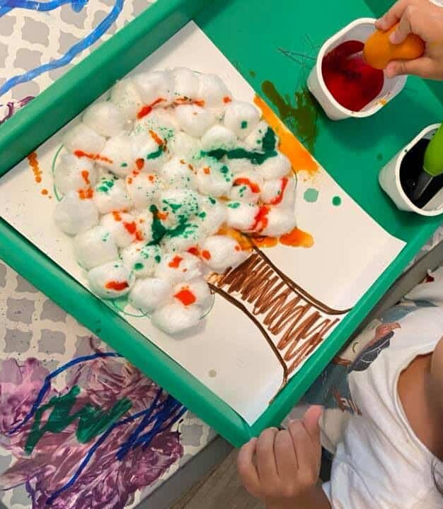 cotton ball fall leaf painting activity for toddlers 