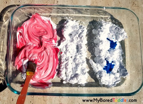 Shaving cream sensory play - red, white and blue - My Bored Toddler