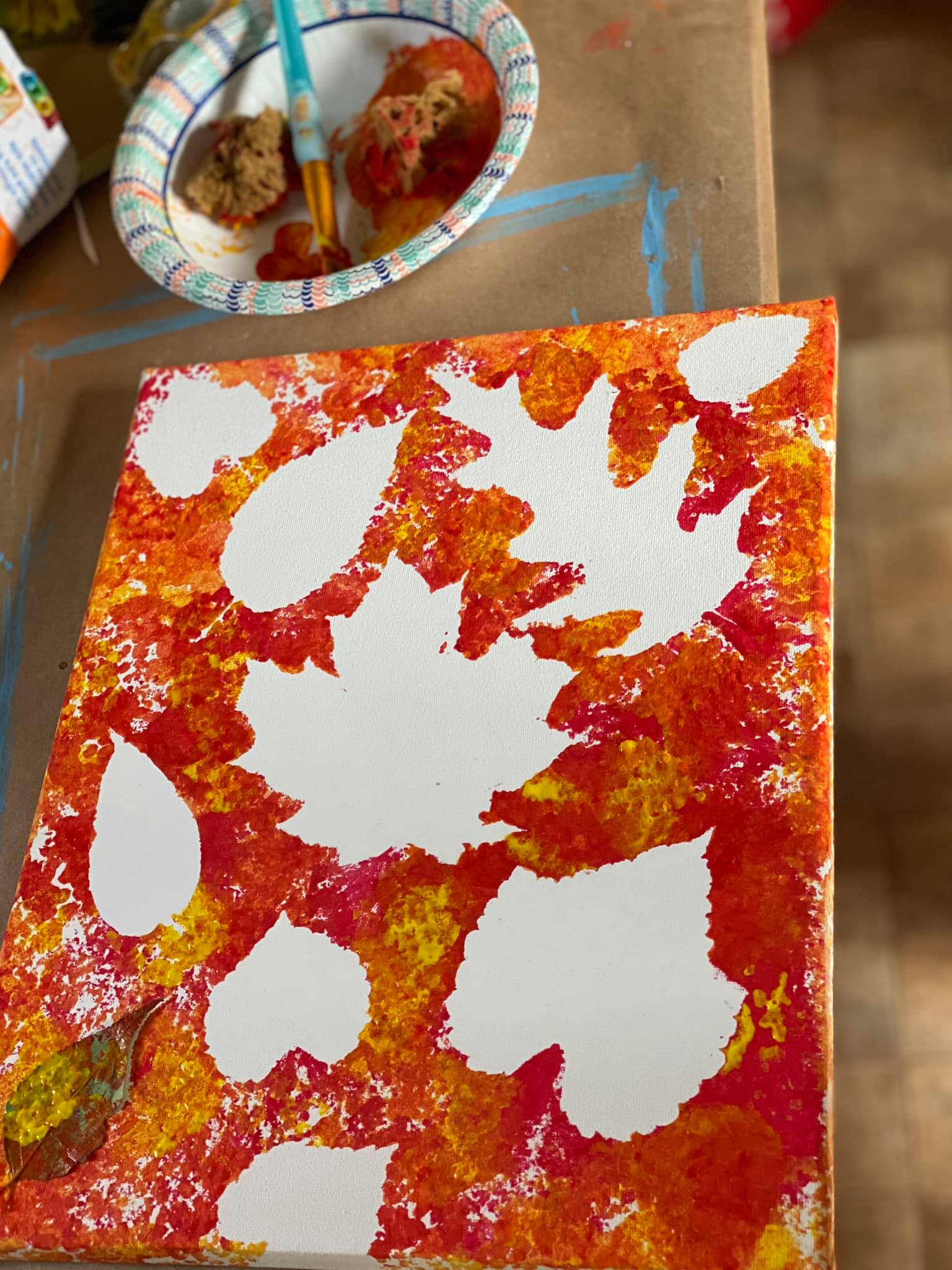 Brianna - find leaves use double sided tape to stick them on a canvas. Paint  with sponges (sea sponge) and then remove the leaves soft leaves work best  - My Bored Toddler