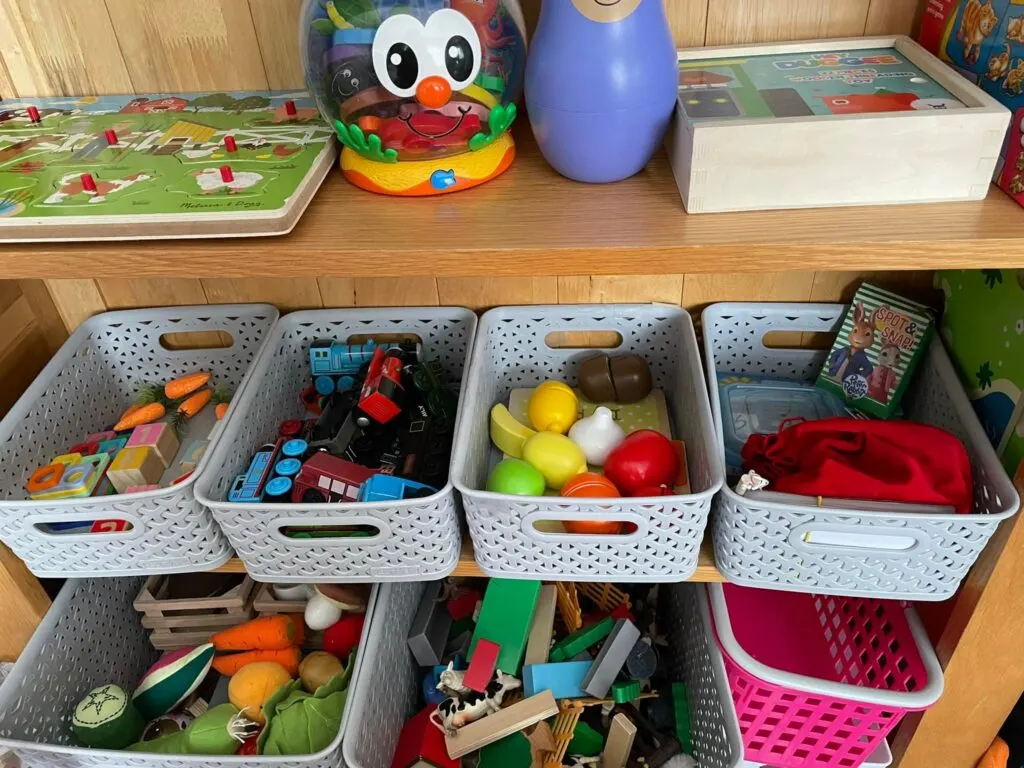 toddler farm theme shelf setup 