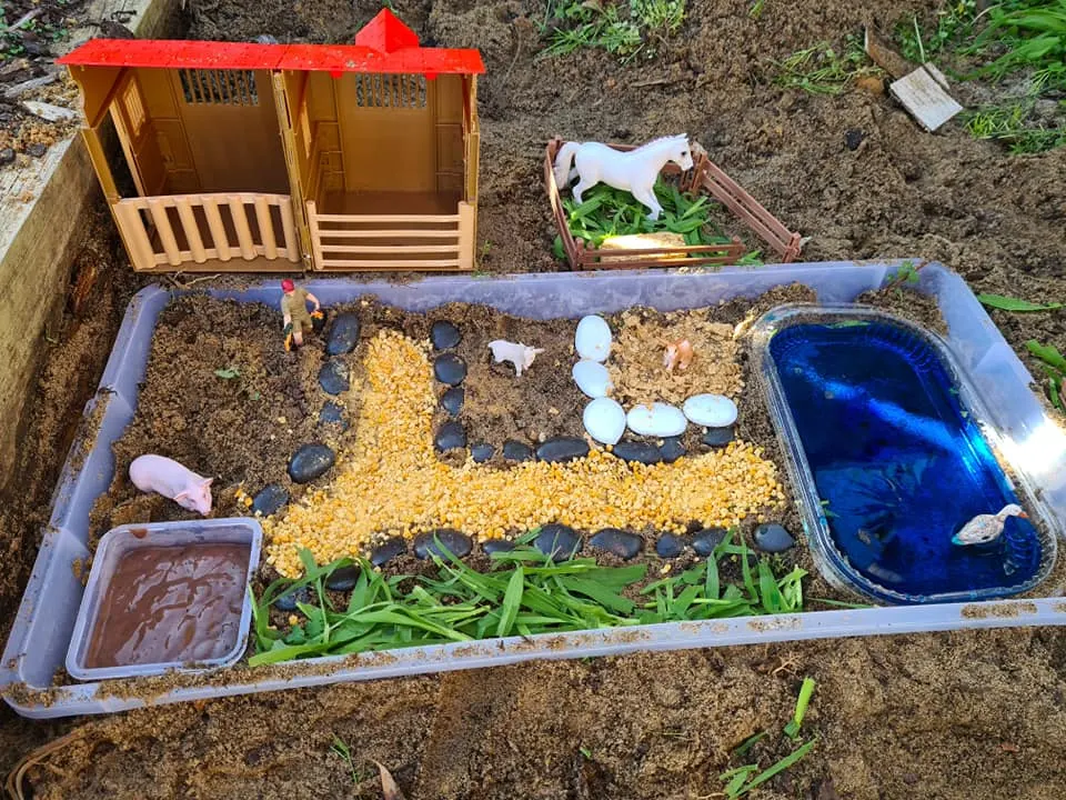 Outdoor farm sensory bin sensory play for toddlers 