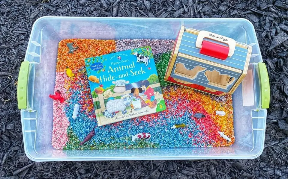 rainbow rice farm sensory bin for toddlers 