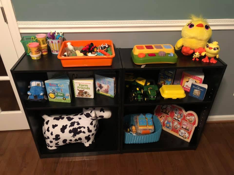 toddler farm shelf setup 