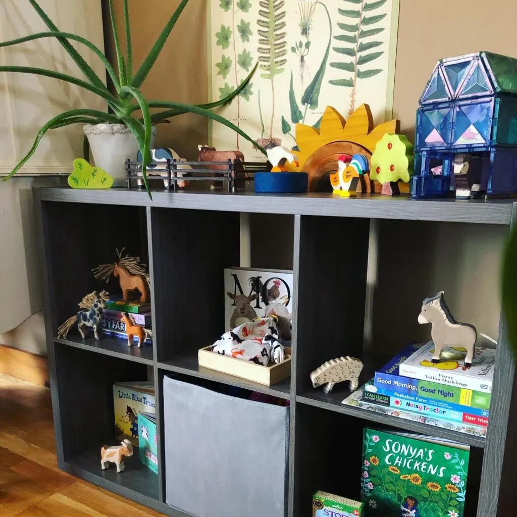 toddler farm shelf setup for farm week activities 