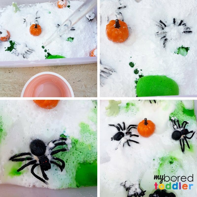 fizzing Halloween science sensory bin for toddlers bicarb and baking soda and vinegar stem steam