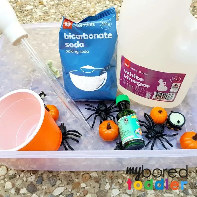 fizzing halloween science sensory bin baking soda vinegar what you need