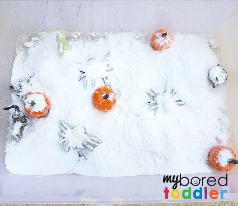 fizzing halloween science sensory bin for toddlers setup 2 with bicarb baking soda and vinegar
