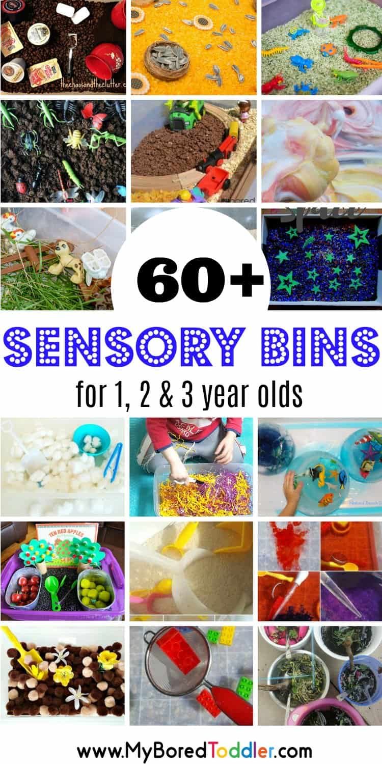 Over 60 fun sensory bins for babies, toddlers and preschoolers. The perfect toddler activity for 1 year olds, 2 year olds and 3 year olds. A sensory bin for all seasons fall spring summer winter and themed too! #sensorybins #sensory #toddler #toddleractivity 