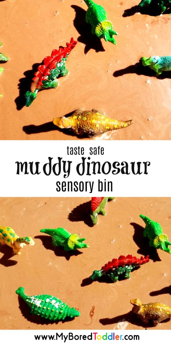 Taste safe muddy dinosaur sensory bin