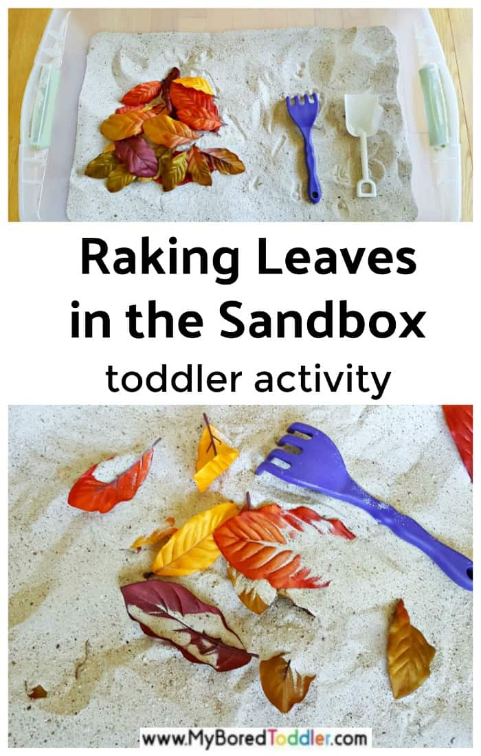 Autumn leaves in the sandbox fall toddler activity