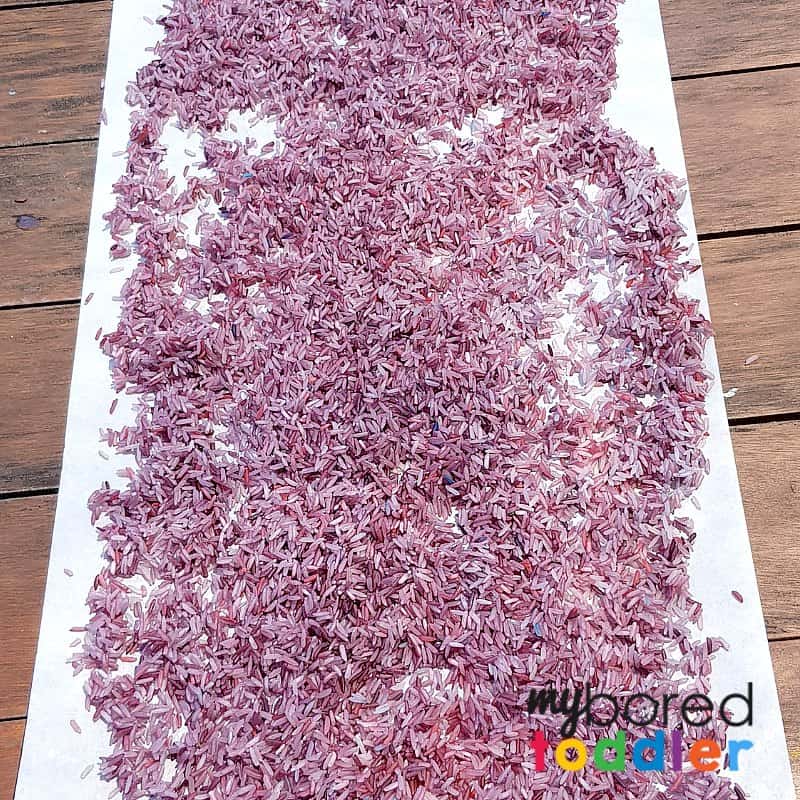 How to make colored rice for a Halloween rice sensory bin purple