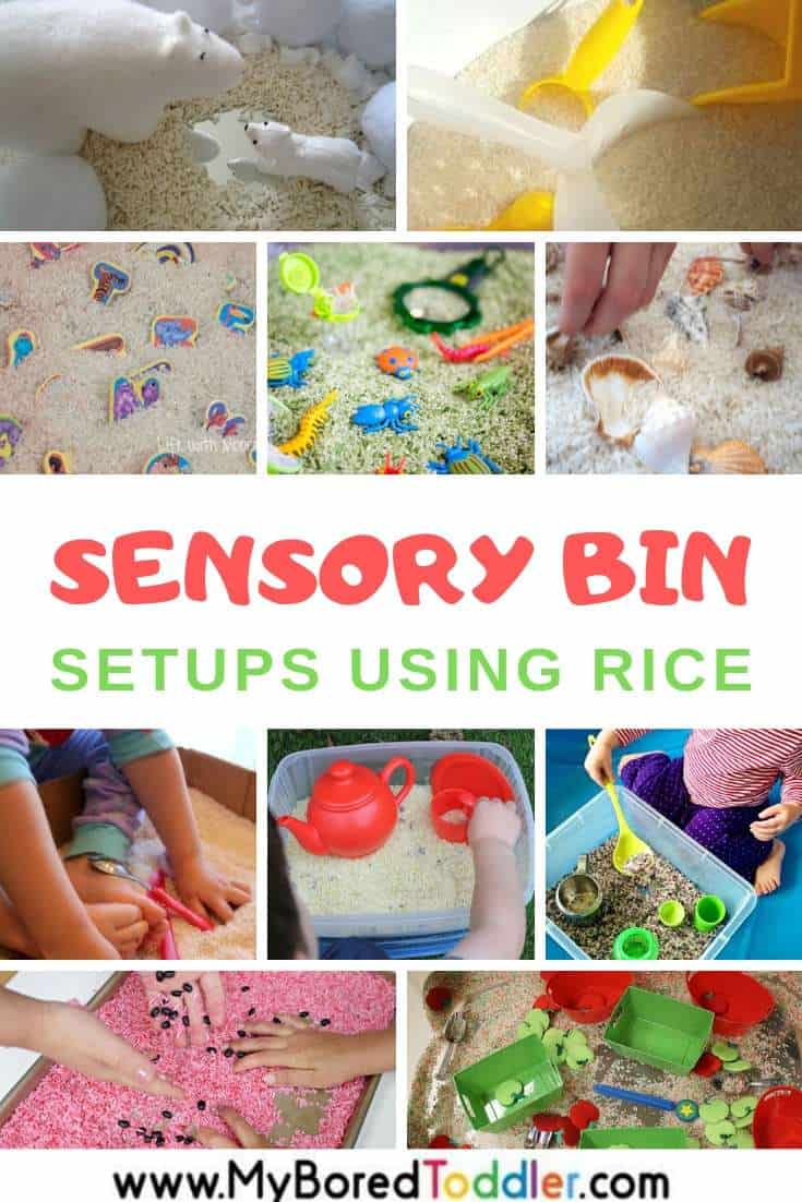 Sensory bins based on plain and colored rice for toddlers and preschoolers