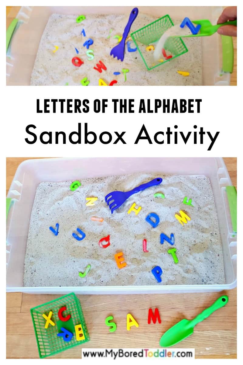 Toddler sandbox literacy and sensory activity and easy alphabet sensory bin for toddlers