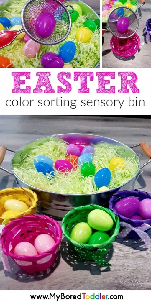 easter color sorting sensory bin for toddlers pinterest - an easy Easter sensory bin for one year olds, two year old and three year olds.
