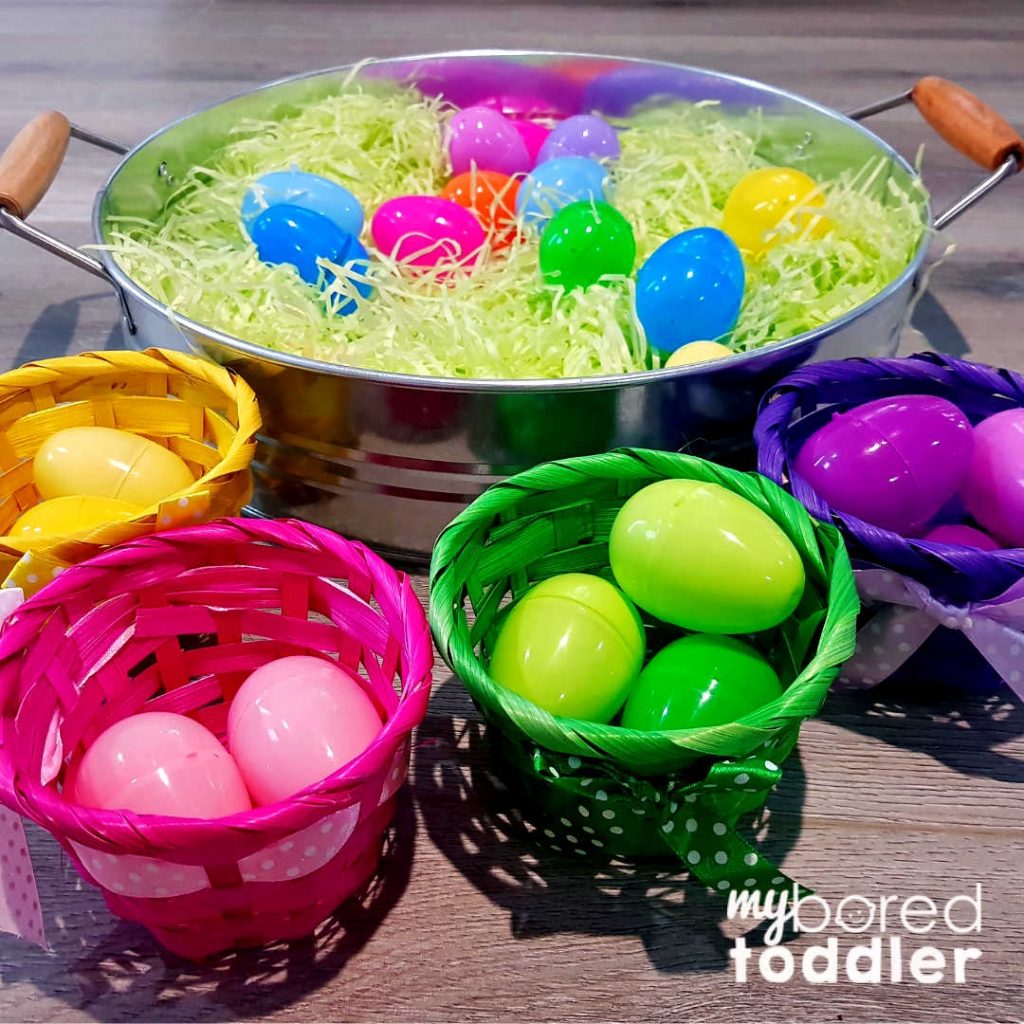 easter egg hunt color sorting in baskets