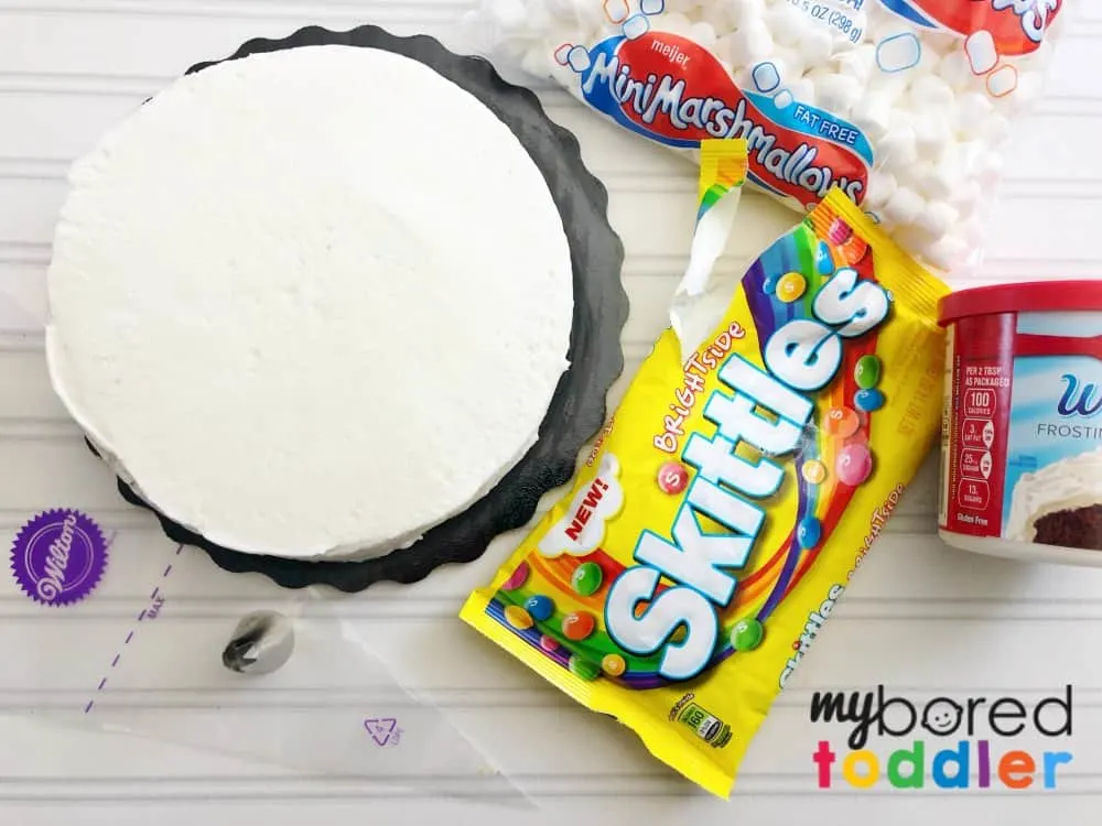 easy rainbow birthday cake with skittles and marshmallows what you need