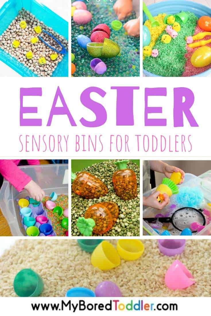 Super simple and fun ideas for Easter sensory bin setups for toddlers and preschoolers