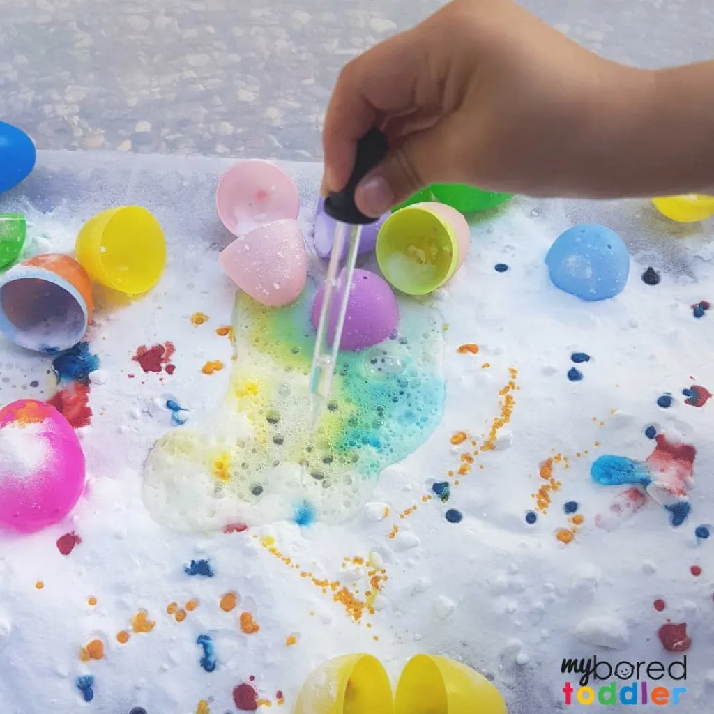 easter fizzing sensory bin for toddlers 4