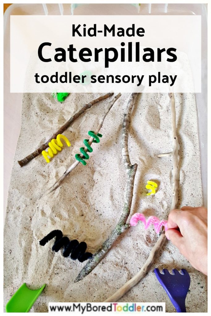 Toddler sensory play with kid-made caterpillars in the sensory bin