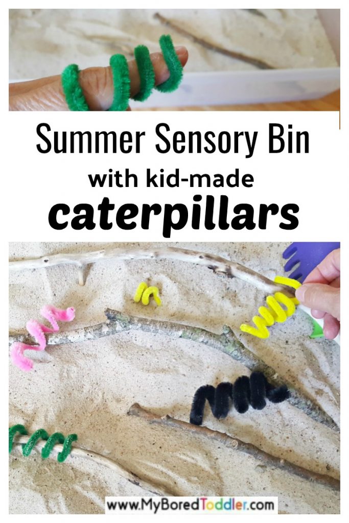 summer sensory bin with kid-made caterpillars