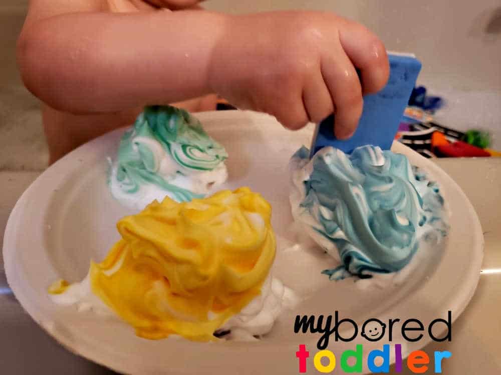 bath time shaving cream play activity for toddlers