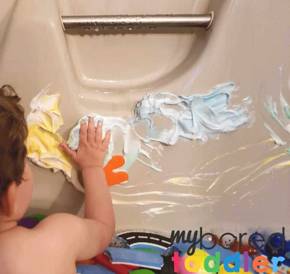 Colored Shaving Cream Bath Play for Toddlers - My Bored Toddler