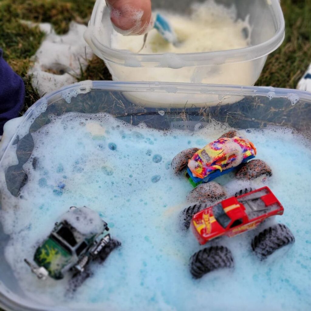 bubble foam with cars for toddlers - sensory and messy play