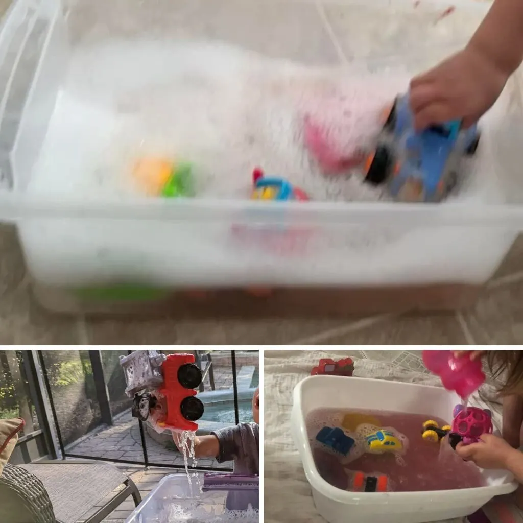 washing cars and trucks toddler activity