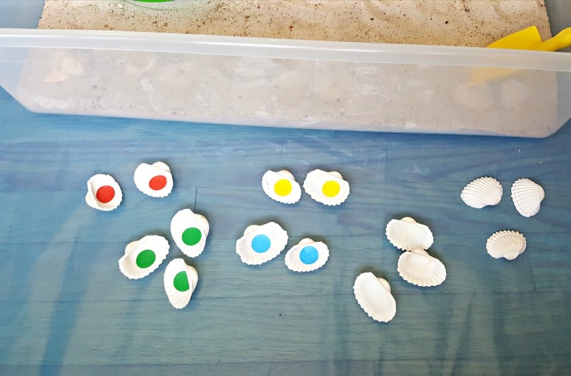 Seashells with colorful dots for a sorting activity with toddlers