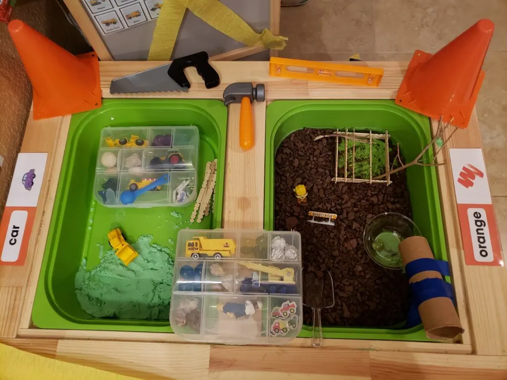 construction themed sensory bin 