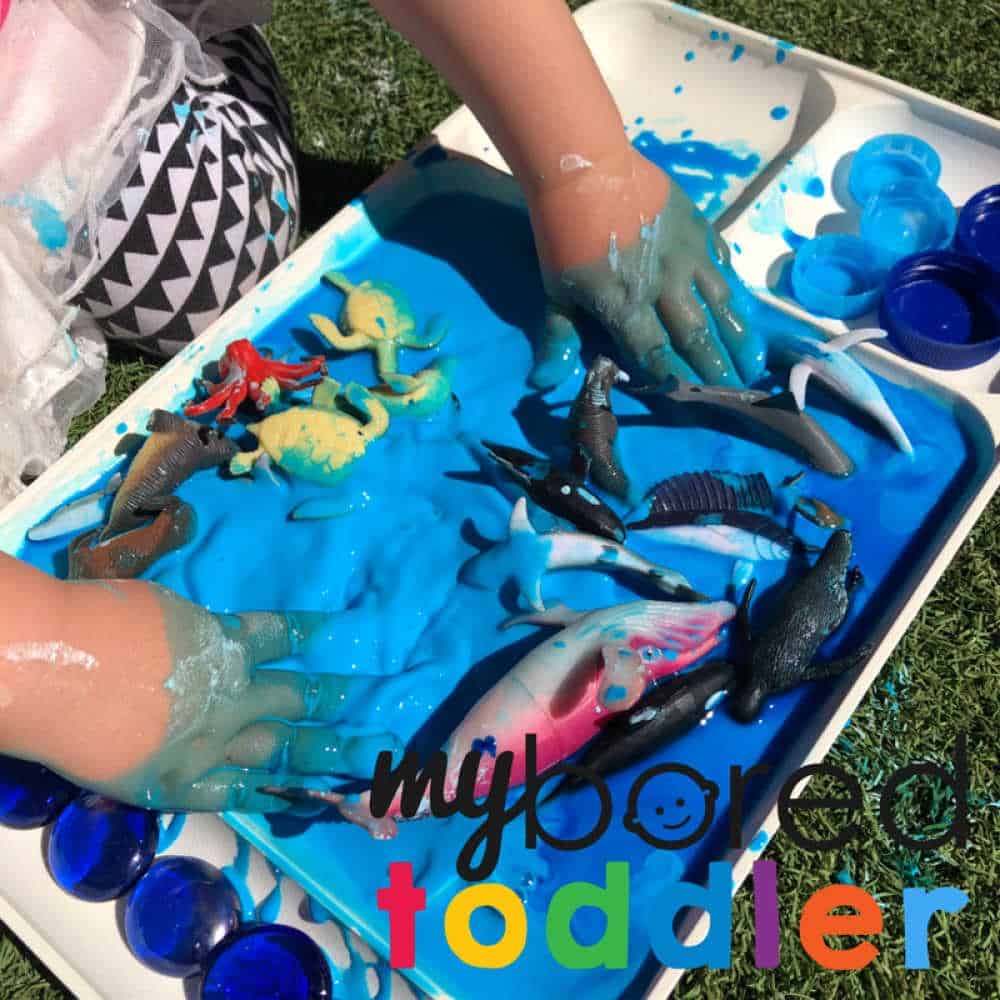 messy play with colored oobleck