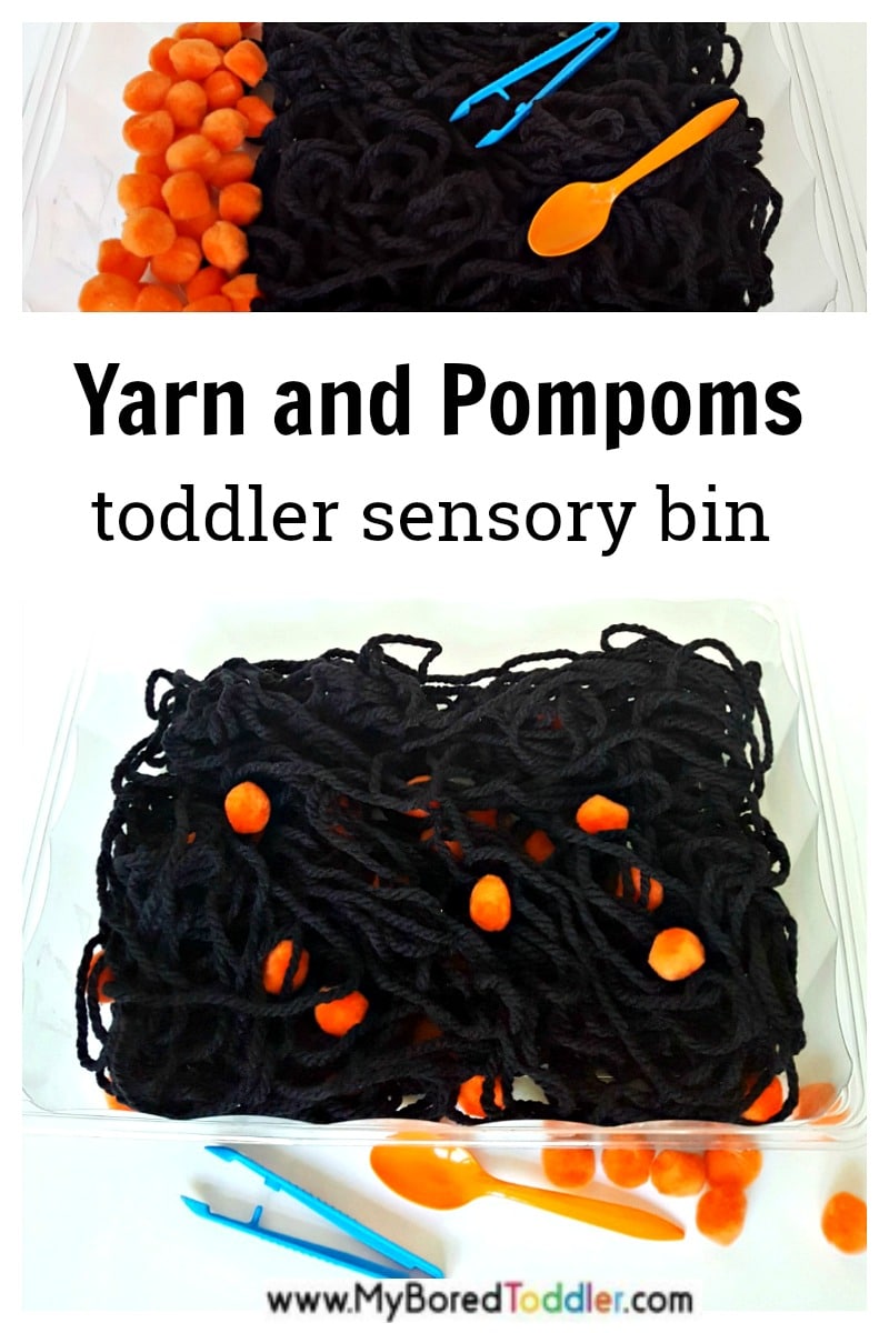 Yarn and pompoms Halloween theme sensory bin for toddlers