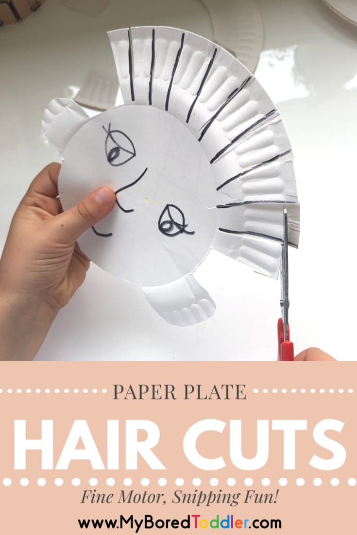 paper plate hair cut craft for toddlers for scissor skills and fine motor actity
