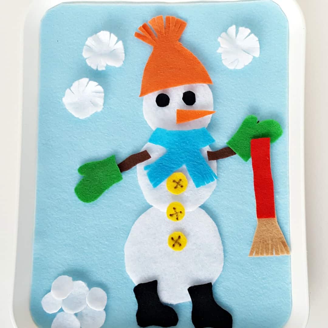 Felt snowman fine motor toddler activity for winter play