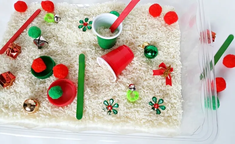 Sensory bin toddler activity for Christmas holiday play