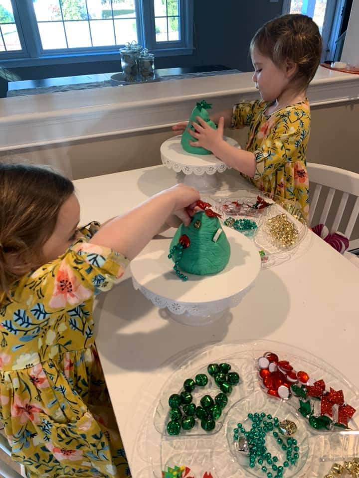 decorating playdough christmas trees - easy Christmas activity for toddlers candie